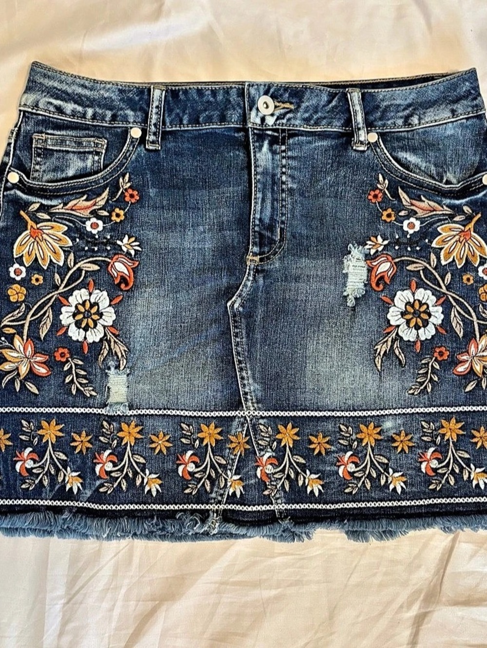 Altar’d state Floral Embroidered Denim Mini Skirt Size Medium